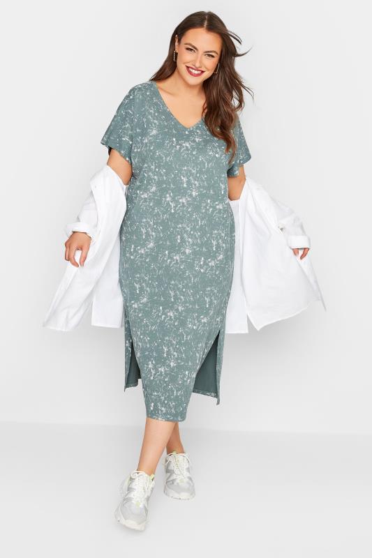 LIMITED COLLECTION Plus Size Khaki Green Acid Wash Side Split T-Shirt Dress | Yours Clothing 1