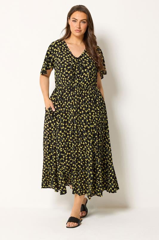 YOURS Plus Size Black & Yellow Floral Crinkle Maxi Dress | Yours Clothing 1
