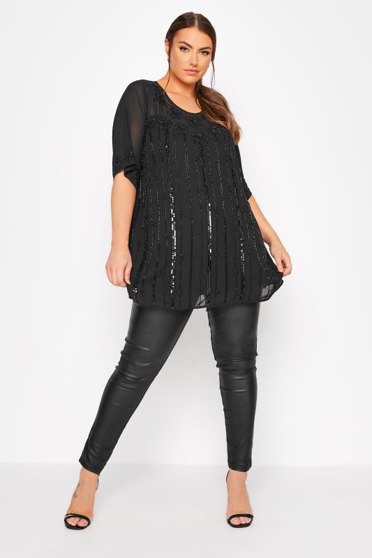 LUXE Plus Size Black Sequin Hand Embellished Chiffon Blouse | Yours Clothing 2