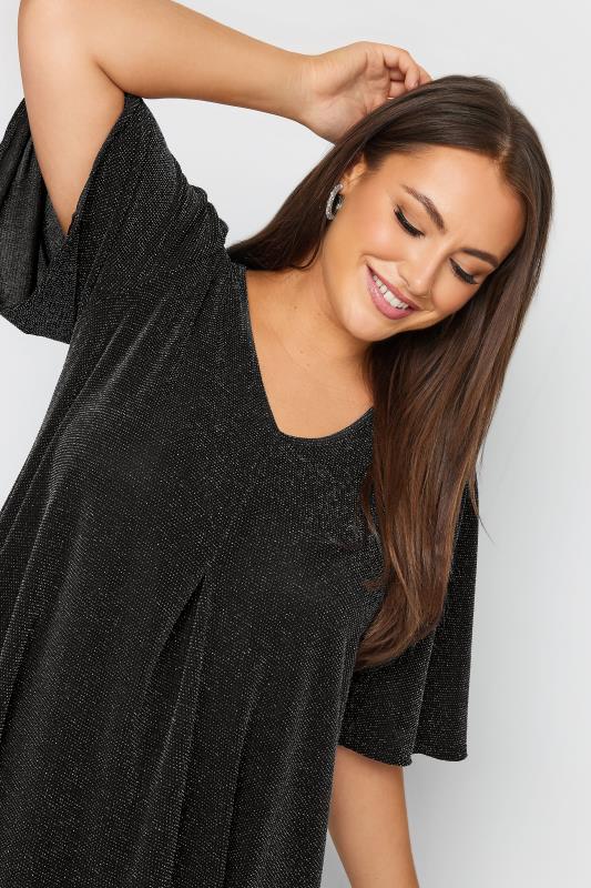 YOURS Plus Size Black & Silver Glitter Pleated Swing Top | Yours Clothing 4