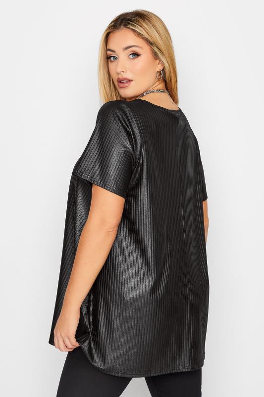 Plus Size Black Leather Look Ribbed Swing T-Shirt | Yours Clothing 3
