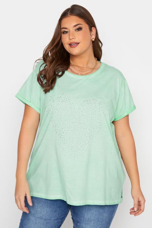 Plus Size  Curve Mint Green Stud Heart Topstitch T-Shirt