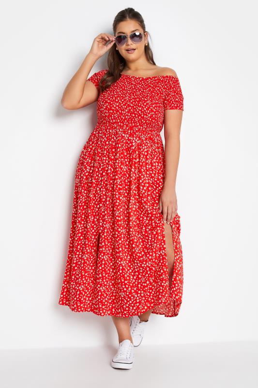 Plus Size  Curve Red Ditsy Shirred Bardot Midaxi Dress