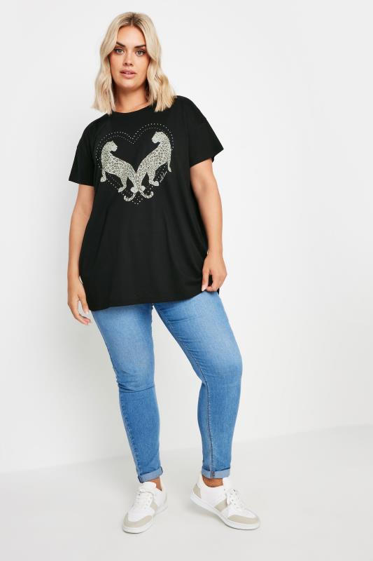 YOURS Plus Size Black Stud Leopard Print T-Shirt | Yours Clothing  2