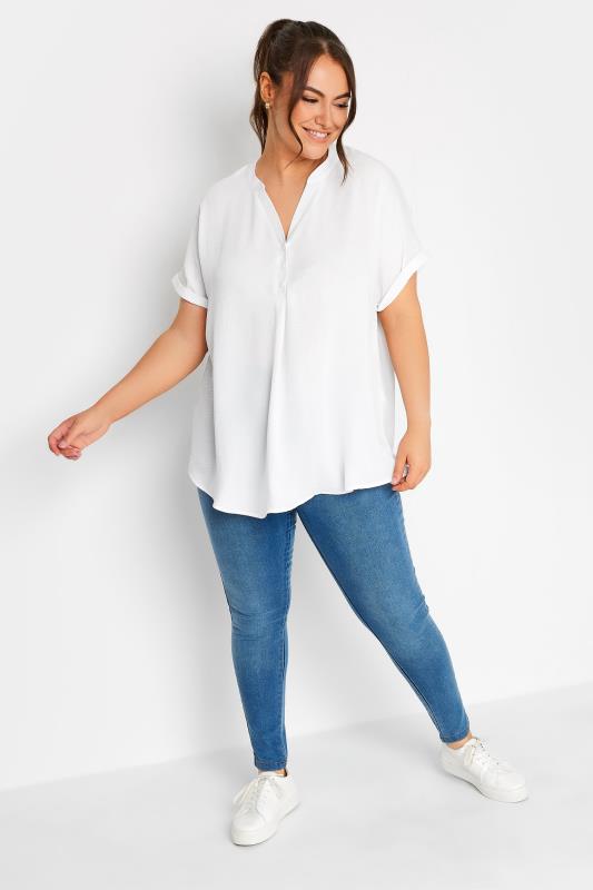 YOURS Plus Size White Half Placket Short Sleeve Blouse | Yours Clothing 2