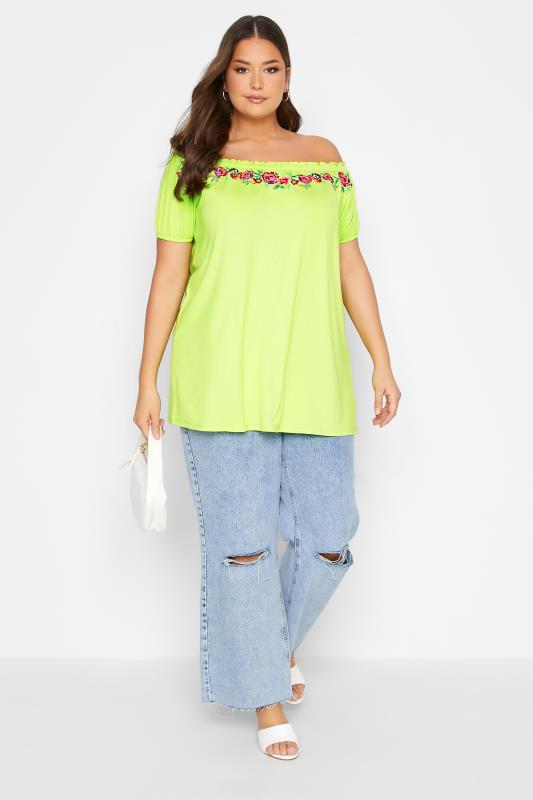 Plus Size Green Embroidered Bardot Top | Yours Clothing 2