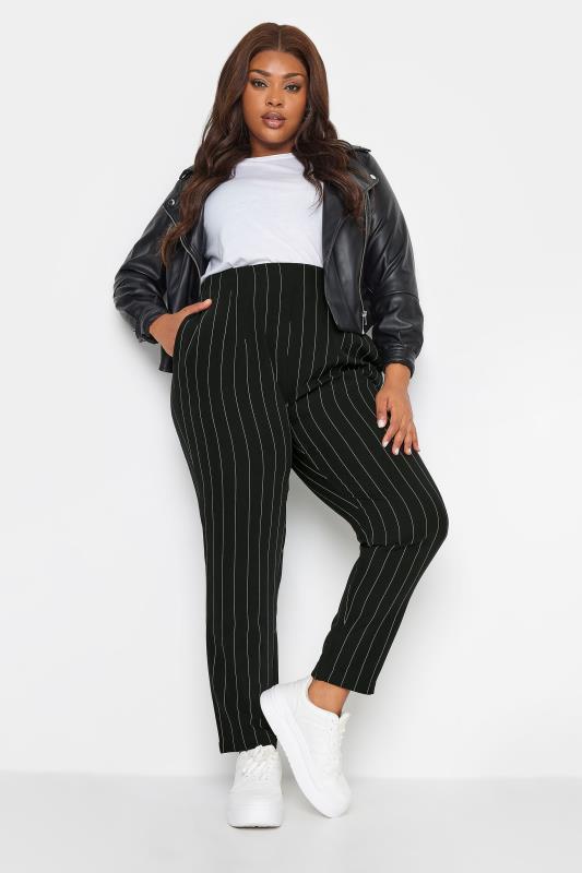YOURS Plus Size Black Stripe Print Darted Waist Tapered Trousers | Yours Clothing 4