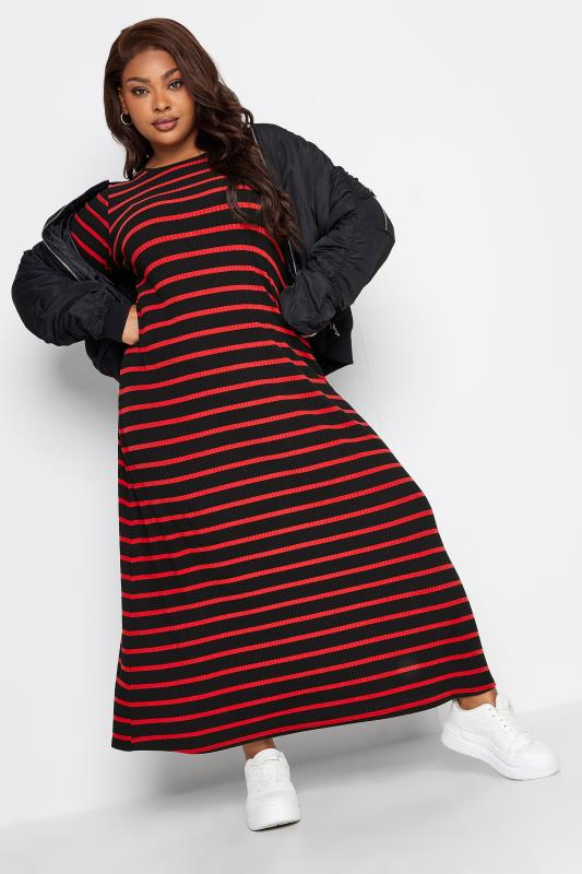  Tallas Grandes YOURS Curve Red Striped Ribbed Long Sleeve Swing Maxi Dress