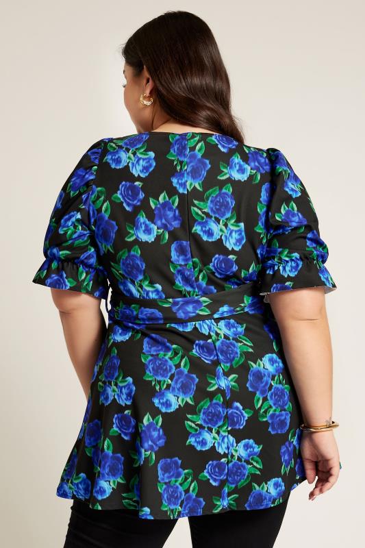 YOURS LONDON Plus Size Black & Blue Floral Print Peplum Top | Yours Clothing 3