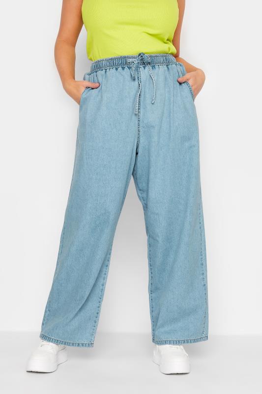 YOURS Plus Size Light Blue Pull On Wide Leg Jeans | Yours Clothing 2