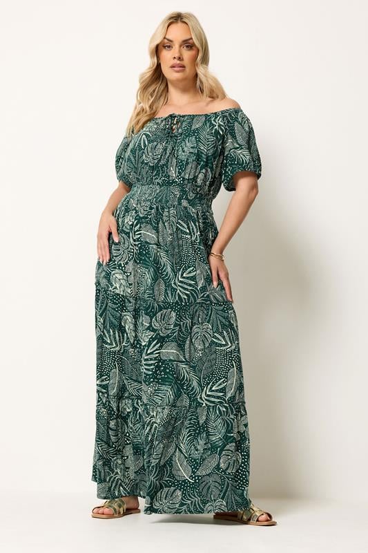 YOURS Plus Size Green Leaf Tie Neck Bardot Maxi Dress | Yours Clothing 1