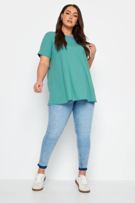 YOURS Plus Size Blue Ribbed T-Shirt | Yours Clothing 2
