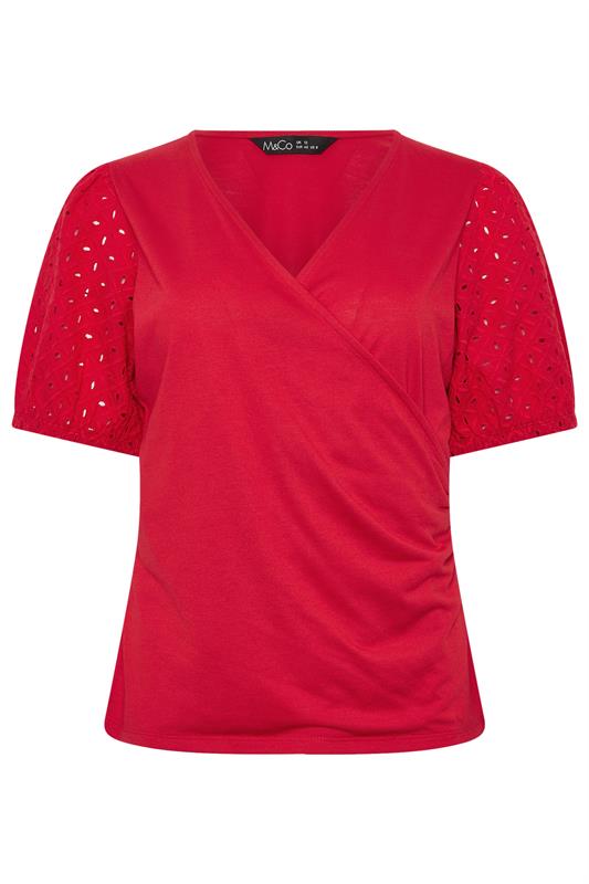 M&Co Red Broderie Sleeve Cotton Wrap Top | M&Co 5