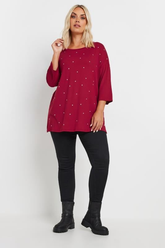 YOURS Plus Size Red Star Embellished Swing Top | Yours Clothing 2