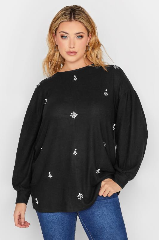 YOURS LUXURY Curve Black Pearl & Stud Embellished Soft Touch Puff Sleeve Top | Yours Clothing 1