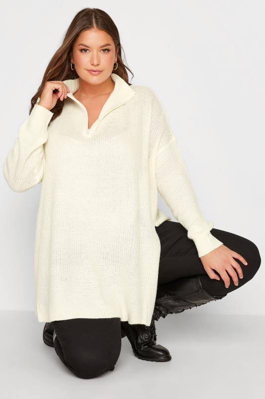 Plus Size Curve Cream Quarter Zip Knitted Jumper | Yours Clothing 1