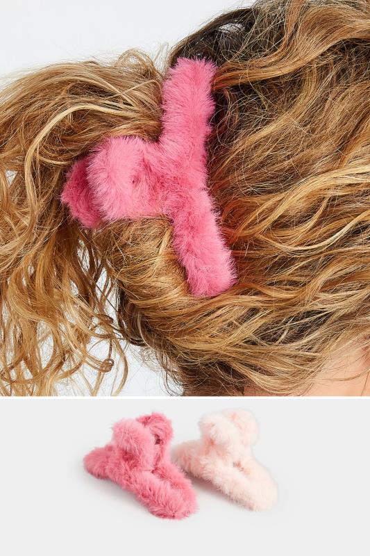 2 PACK Pink Faux Fur Hair Claw Clips | Yours Clothing 1