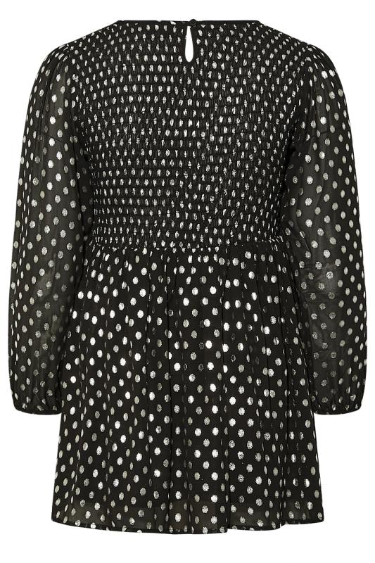 Plus Size Black  & Silver Metallic Spot Print Shirred Peplum Top | Yours Clothing 7