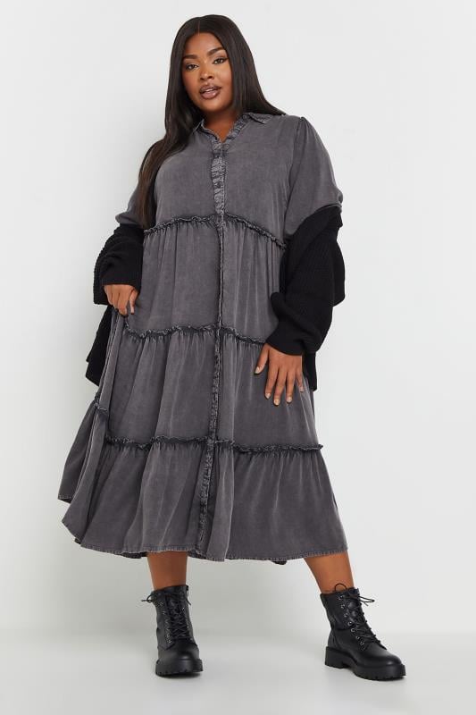 YOURS Plus Size Grey Acid Wash Tiered Shirt Dress | Yours Clothing 3