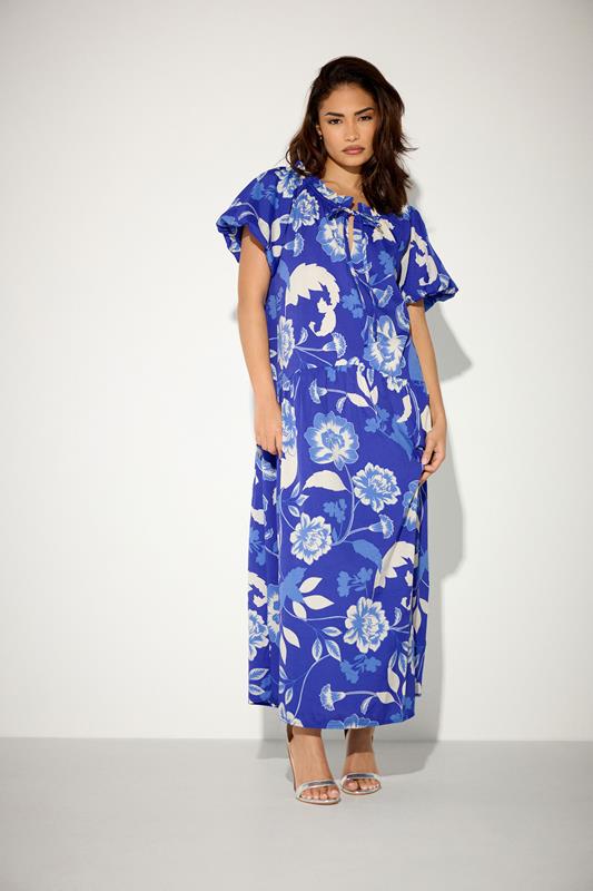  PixieGirl Petite Blue Floral Tie Neck Midi Dress
