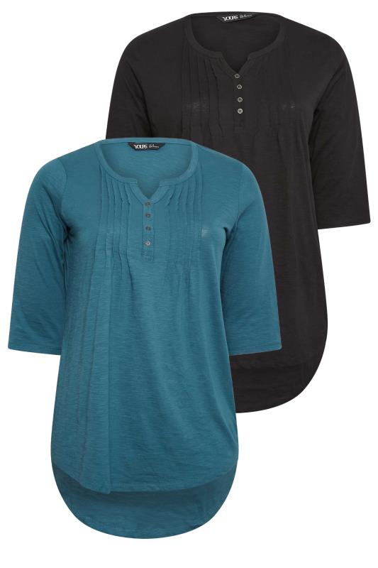 YOURS Curve Plus Size 2 PACK Teal Blue & Black Pintuck Henley Tops | Yours Clothing  8