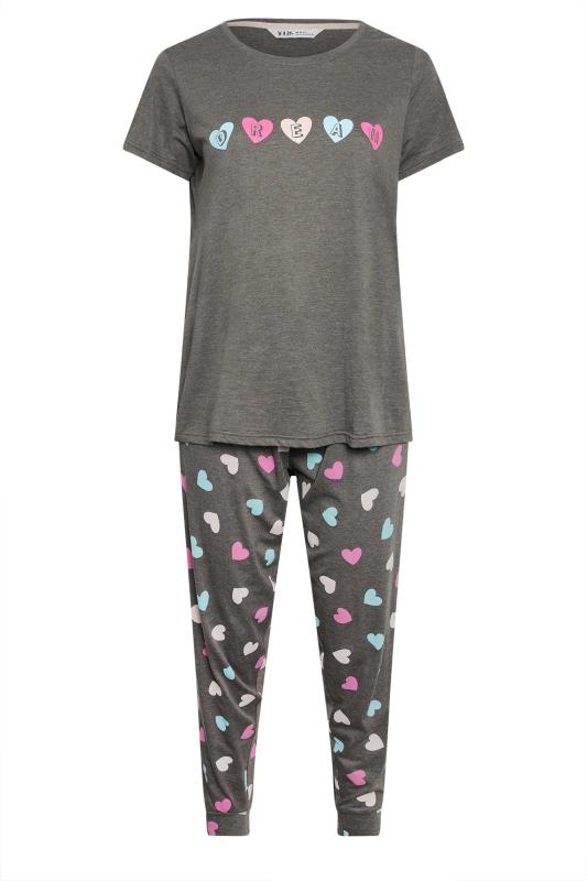YOURS Plus Size Grey 'Dream' Slogan Heart Print Pyjama Set | Yours Clothing 6