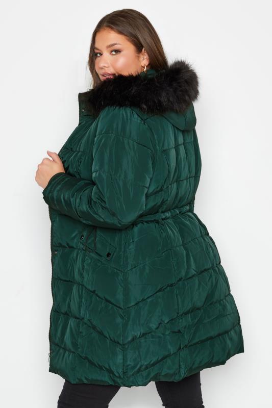 Curve Forest Green Panelled Puffer Midi Coat 4