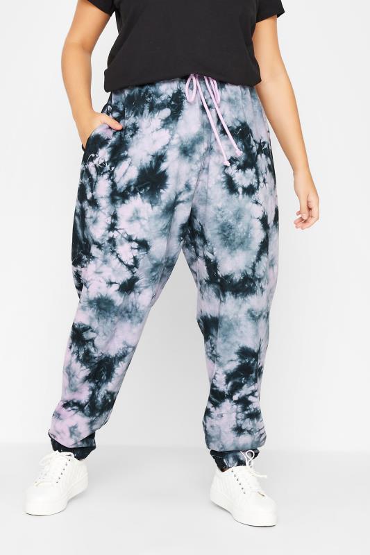 Plus Size  YOURS Curve Black & Pink Tie Dye Stretch Joggers
