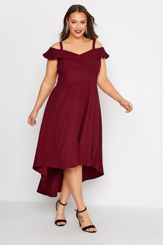  Grande Taille YOURS LONDON Curve Red Glitter Bardot High Low Dress