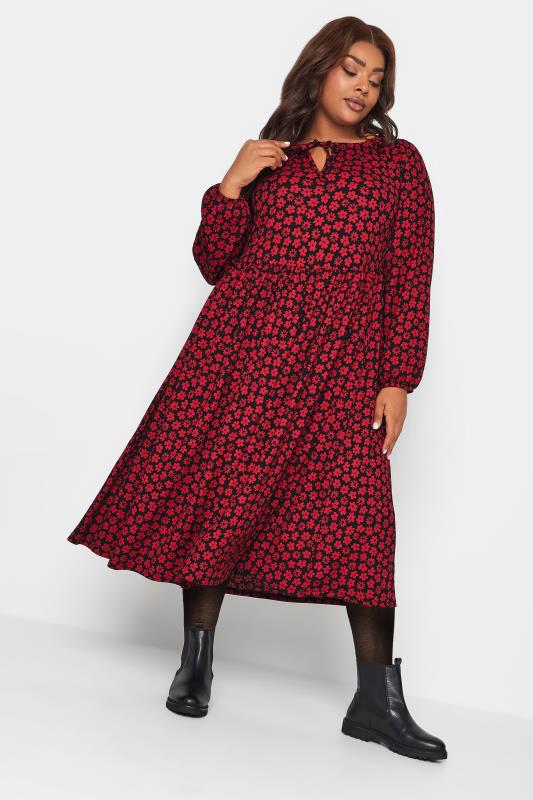 YOURS Plus Size Red Floral Print Textured Midaxi Dress