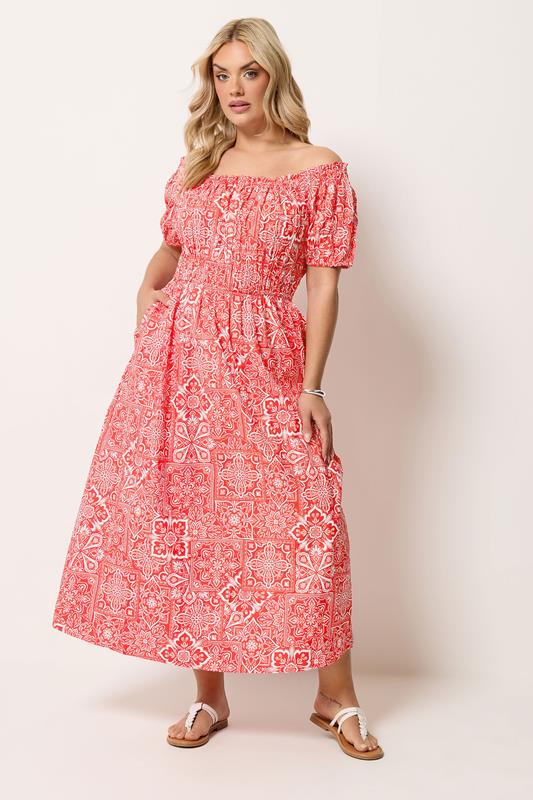 YOURS Curve Red Paisley Poplin Bardot Dress