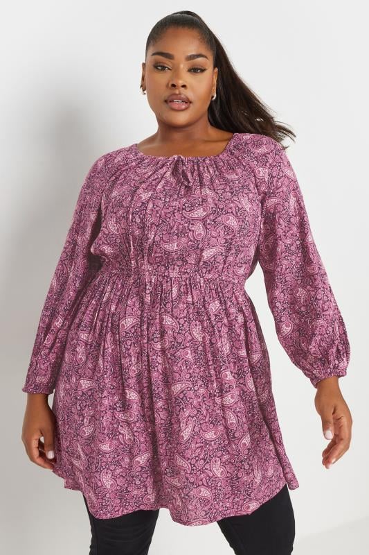 YOURS Plus Size Pink Paisley Crinkle Tie Neck Tunic Dress | Yours Clothing  2