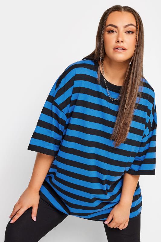 YOURS Plus Size Curve Blue Stripe Oversized Boxy T-Shirt | Yours Clothing  1