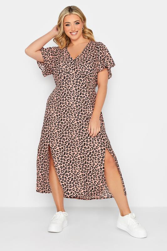 Plus Size  YOURS PETITE Curve Pink Leopard Print Midi Tea Dress