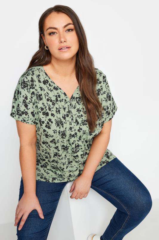 Plus Size  YOURS Curve Green Floral Print Pintuck Henley T-Shirt