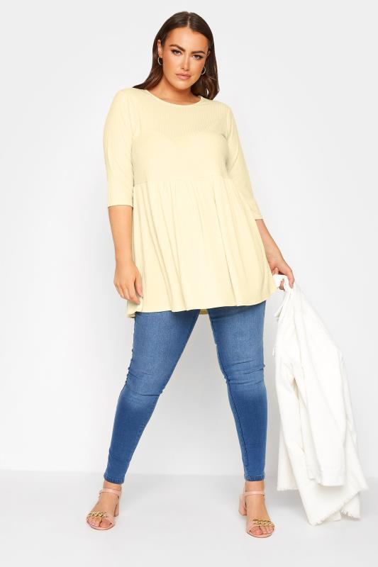 LIMITED COLLECTION Plus Size Lemon Yellow Ribbed Smock Top | Yours Clothing  2