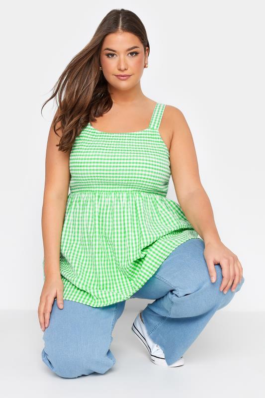 Plus Size Bright Green Gingham Shirred Vest Top | Yours Clothing  1