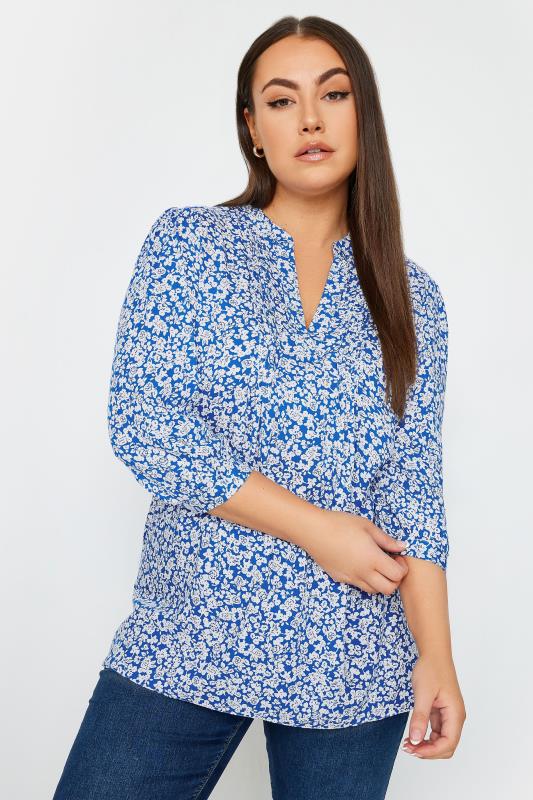 YOURS Plus Size Blue Floral Print Pintuck Blouse | Yours Clothing 1