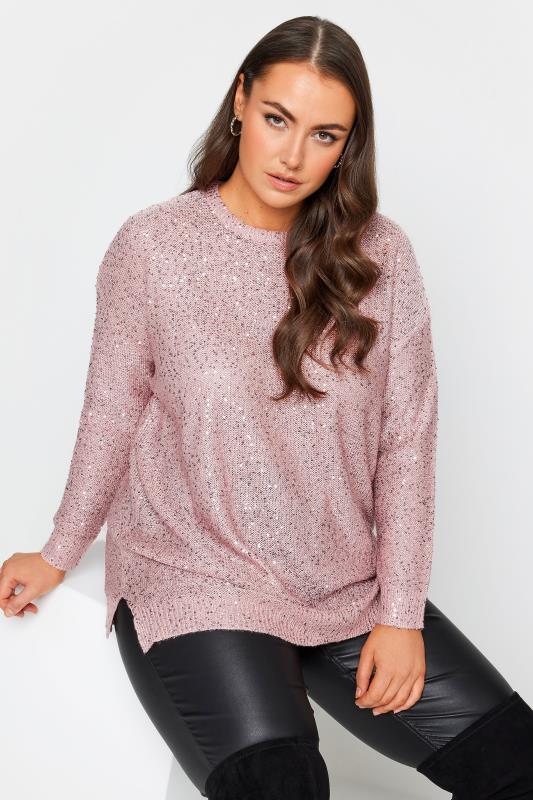 YOURS Plus Size Light Pink Sequin Embellished Jumper | Yours Clothing 4