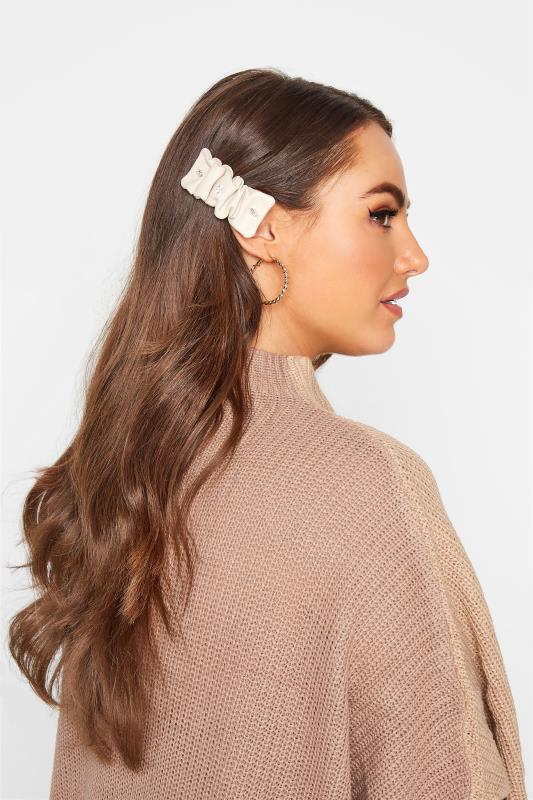 2 PACK Beige Brown Ruched Embellished Hair Clips 2