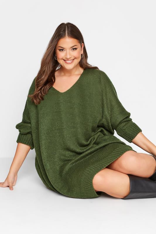 Plus Size Curve Khaki Green Drop Sleeve Knitted Jumper Dress | Yours Clothing 4