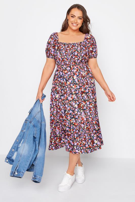 Plus Size Pink Floral Square Neck Midaxi Dress | Yours Clothing 1