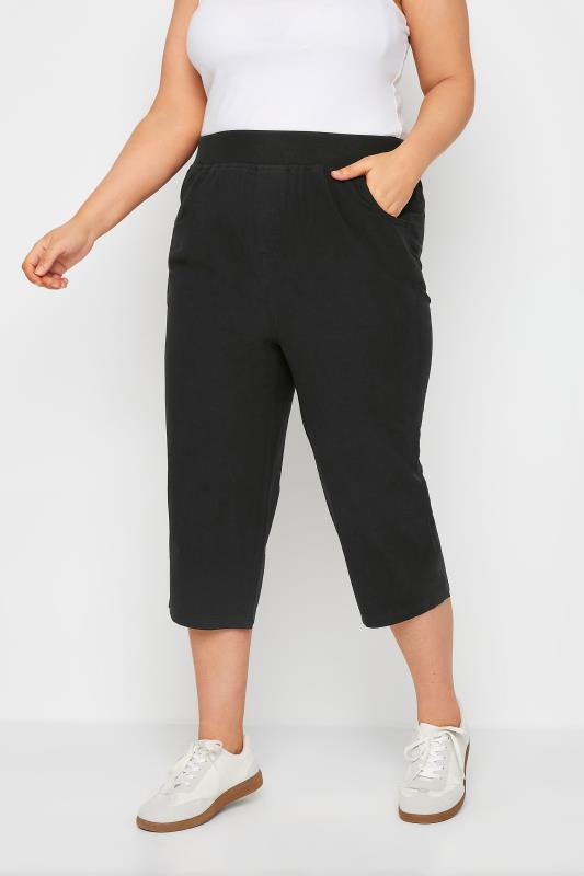Plus Size  Black Elasticated Cool Cotton Cropped Trousers