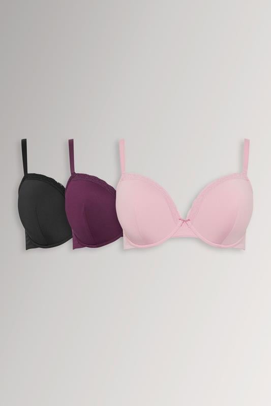  YOURSET 3 PACK Curve Purple & Pink Lace Trim Padded T-Shirt Bras
