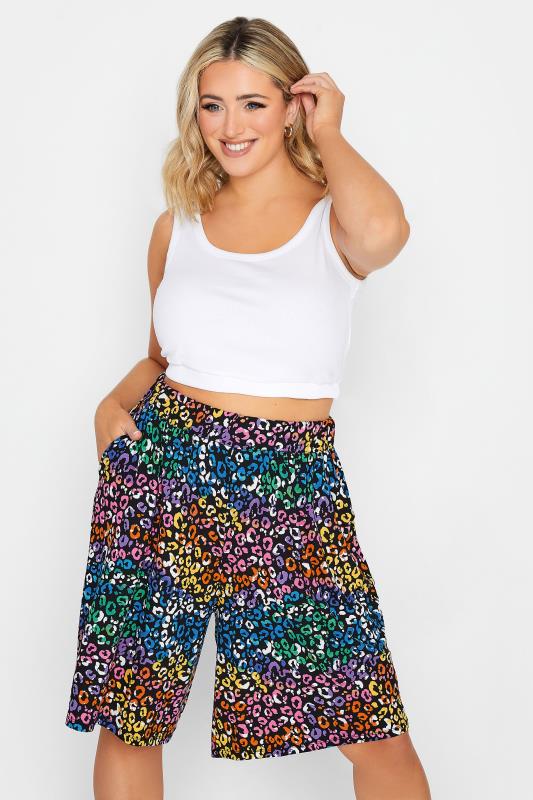 YOURS Curve Plus Size Black Rainbow Leopard Print Shorts | Yours Clothing  1