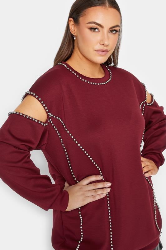 Plus Size  Curve Burgundy Red Stud Embellished Cut-Out Sleeve Sweatshirt