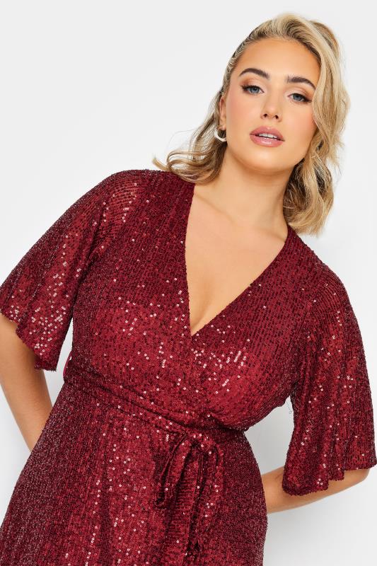 YOURS LONDON Plus Size Red Sequin Embellished Double Wrap Dress | Yours Clothing 4