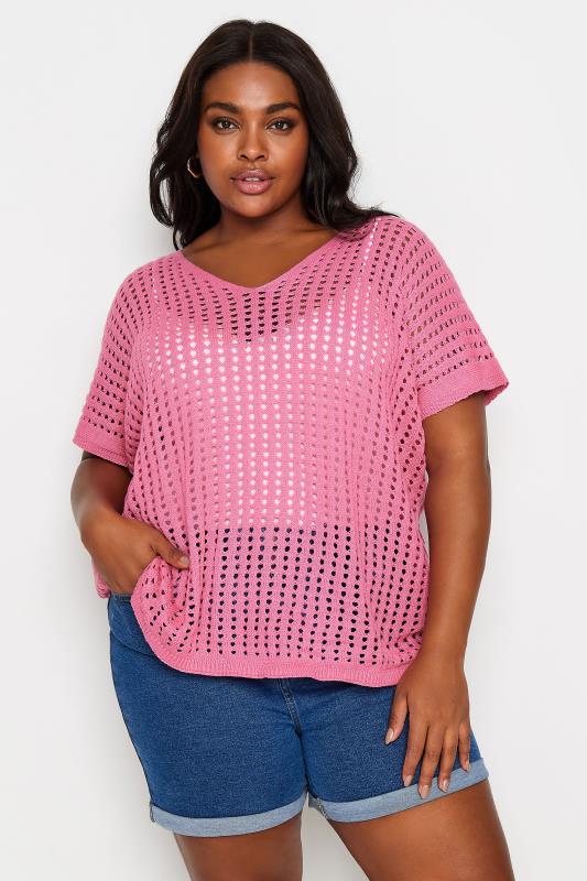 Plus Size  YOURS Curve Pink Boxy Crochet Top
