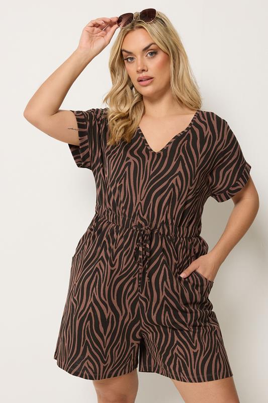  YOURS Chocoladebruine katoenen jumpsuit met zebraprint