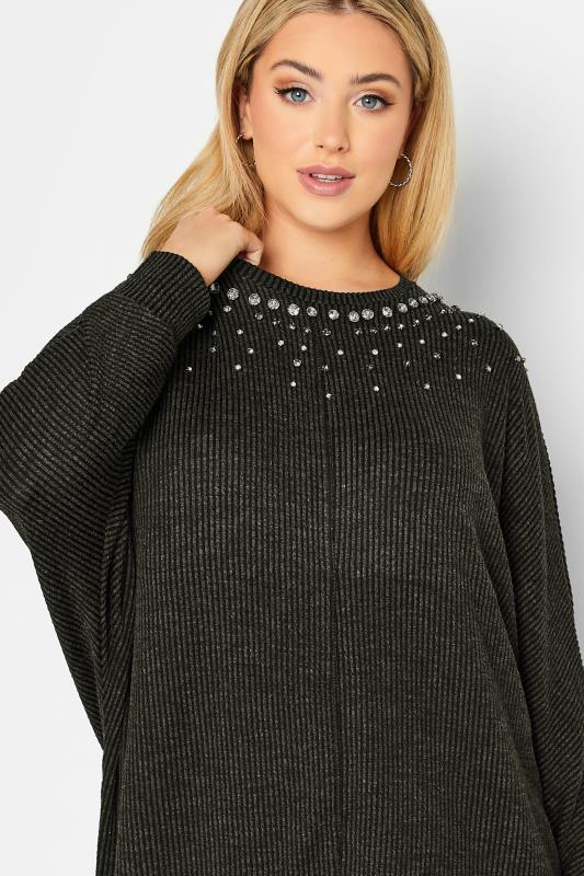 YOURS LUXURY Curve Charcoal Grey Sequin Embellished Ribbed Long Sleeve Top | Yours Clothing  4